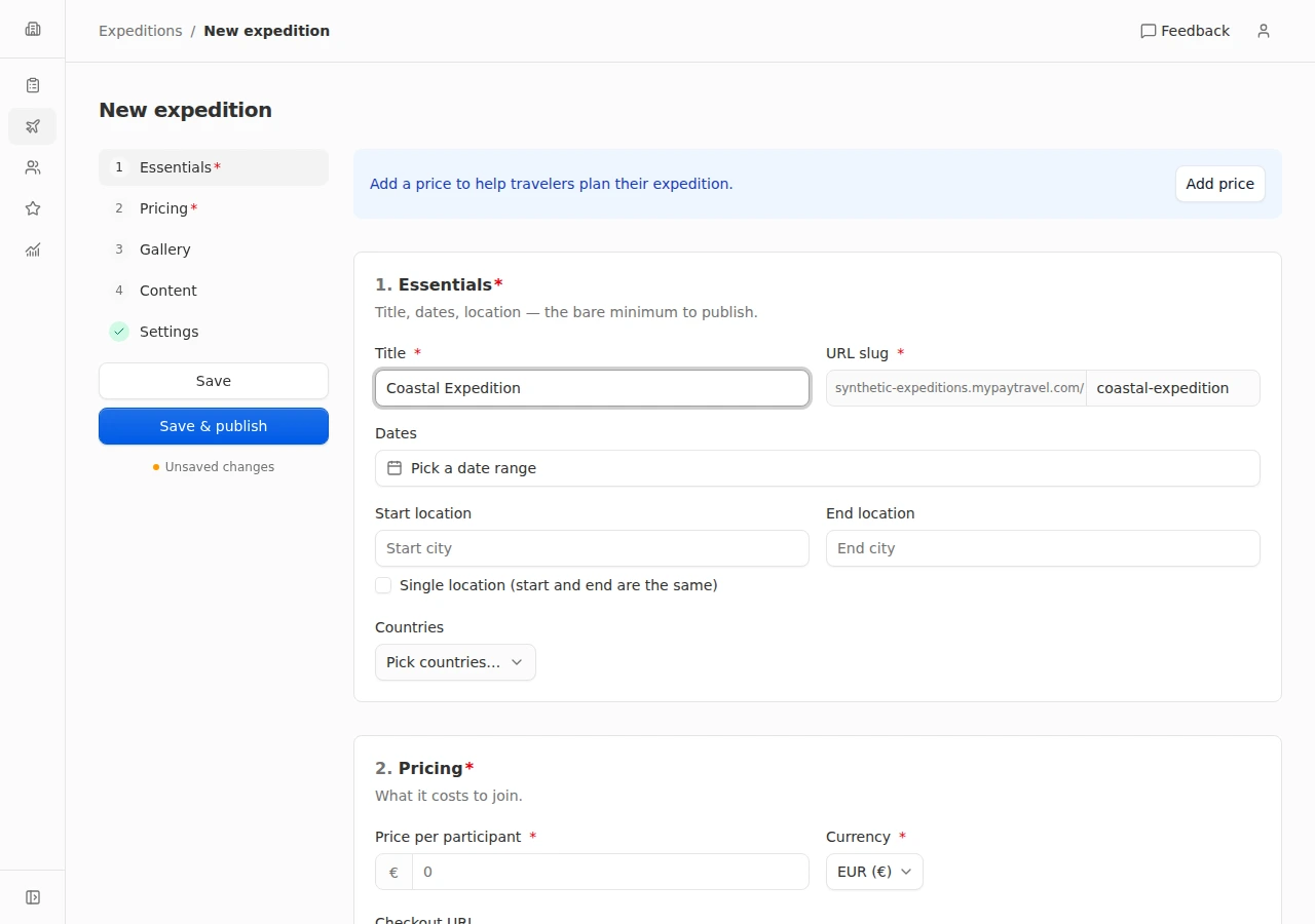 Trip editor in a demonstration workspace, showing the sections used to prepare a departure.