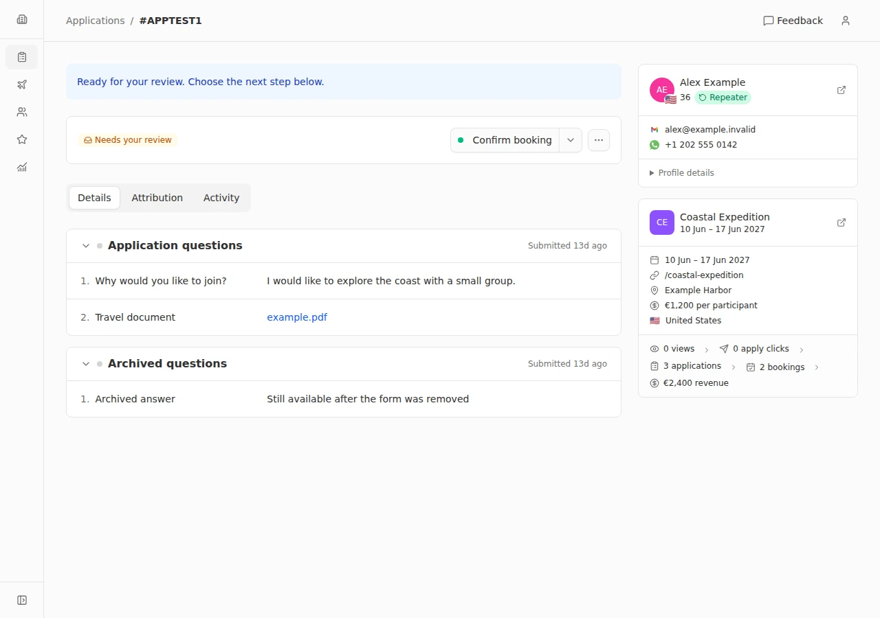 Application details for a fictional traveler in a demonstration workspace.